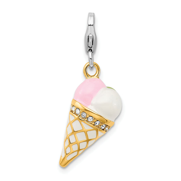 Sterling Silver Enameled 3-D Gold Plated Ice Cream Cone w/Lobster Claw Clasp Clasp Cha
