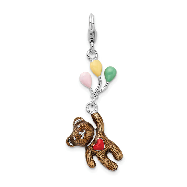 Sterling Silver Enameled 3-D Bear Holding Balloons W/Lobster Claw Clasp Clasp Charm Charms