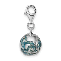 Sterling Silver 3-D Enameled World Globe W/Lobster Claw Clasp Clasp Charm Charms