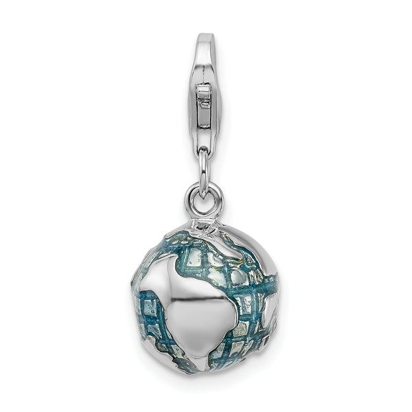 Sterling Silver 3-D Enameled World Globe W/Lobster Claw Clasp Clasp Charm Charms