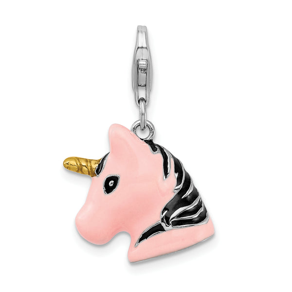 Amore LaVita Sterling Silver 3-D Enameled Unicorn Head with Lobster Clasp Charm