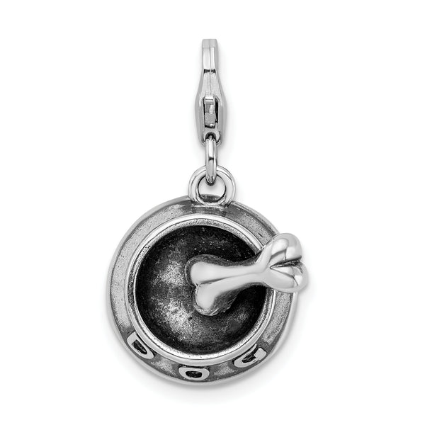 Amore LaVita Sterling Silver 3-D Dog Bowl & Bone with Lobster Clasp Charm