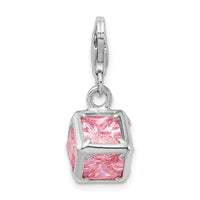 Goldia Sterling Silver Rhodium Plated 3-d Pink Synthetic Cz W/Lobster Claw Clasp Charm