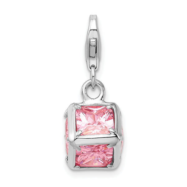 Goldia Sterling Silver Rhodium Plated 3-d Pink Synthetic Cz W/Lobster Claw Clasp Charm