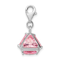 925 Sterling Silver Rhodium plated 3-D Pink CZ with Lobster Clasp Charm