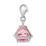 925 Sterling Silver Rhodium plated 3-D Pink CZ with Lobster Clasp Charm