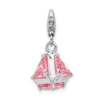 925 Sterling Silver Rhodium plated 3-D Pink CZ with Lobster Clasp Charm