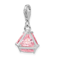925 Sterling Silver Rhodium plated 3-D Pink CZ with Lobster Clasp Charm