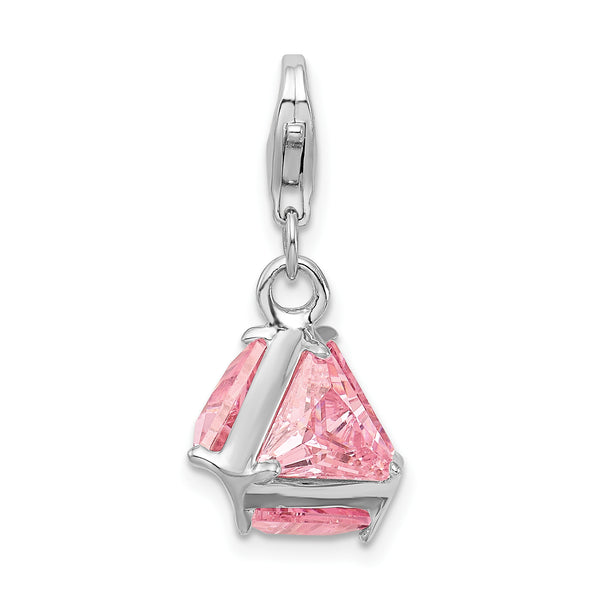 925 Sterling Silver Rhodium plated 3-D Pink CZ with Lobster Clasp Charm