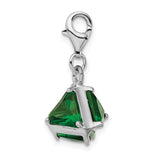 925 Sterling Silver Rhodium plated 3-D Green Glass with Lobster Clasp Charm
