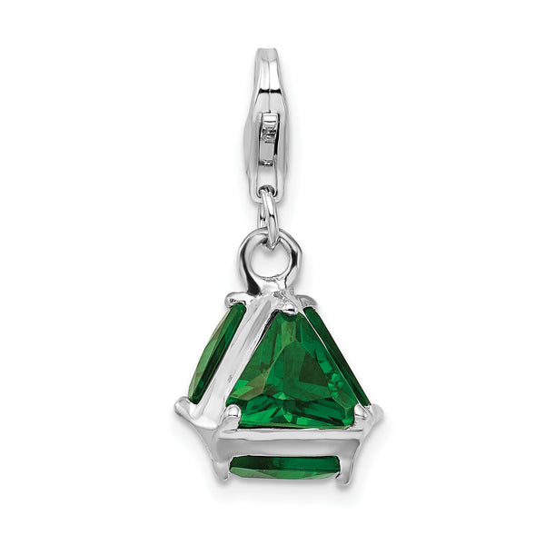 925 Sterling Silver Rhodium plated 3-D Green Glass with Lobster Clasp Charm