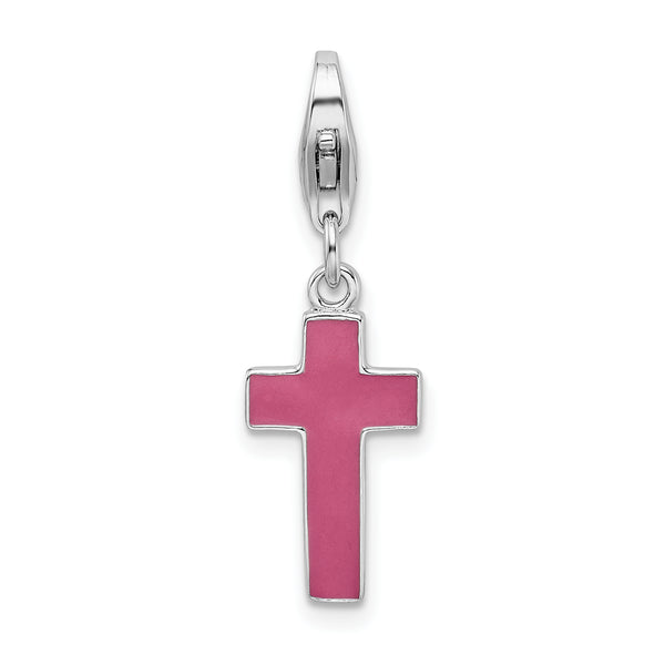 Sterling Silver Rhodium Plated Enameled Cross W/Lobster Claw Clasp Clasp Charm Charms