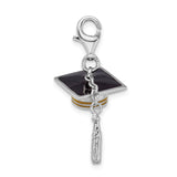 925 Sterling Silver Rhodium-plated 3-D Enameled Graduation Cap Lobster Clasp Charm