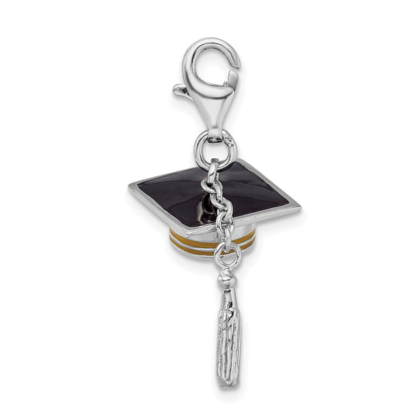 925 Sterling Silver Rhodium-plated 3-D Enameled Graduation Cap Lobster Clasp Charm