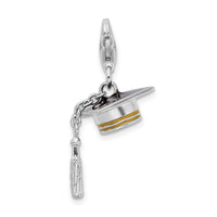 925 Sterling Silver Rhodium-plated 3-D Enameled Graduation Cap Lobster Clasp Charm