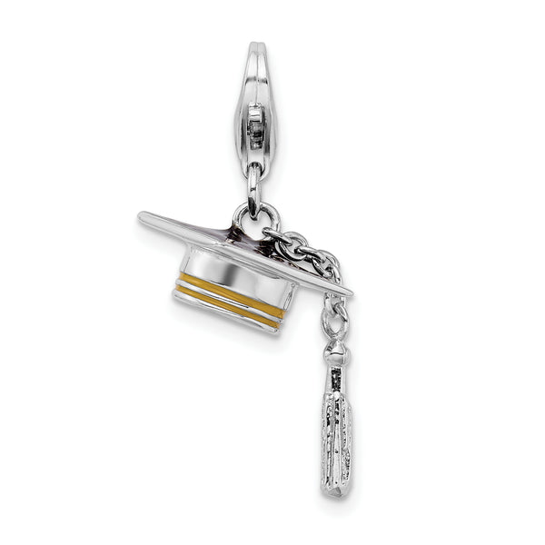 925 Sterling Silver Rhodium-plated 3-D Enameled Graduation Cap Lobster Clasp Charm