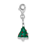 Sterling Silver Rhodium-Plated 3-D Enameled Christmas Tree w/Lobster Clasp