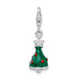 Sterling Silver Rhodium-Plated 3-D Enameled Christmas Tree w/Lobster Clasp