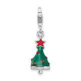 Sterling Silver Rhodium-Plated 3-D Enameled Christmas Tree w/Lobster Clasp