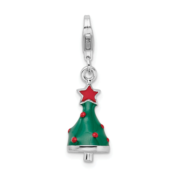 Sterling Silver Rhodium-Plated 3-D Enameled Christmas Tree w/Lobster Clasp