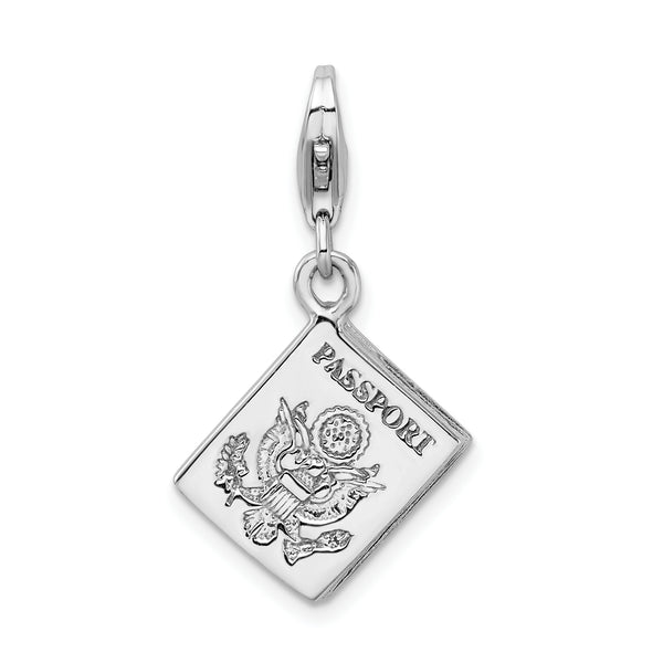 925 Sterling Silver Rhodium-plated 3-D Passport with Lobster Clasp Charm