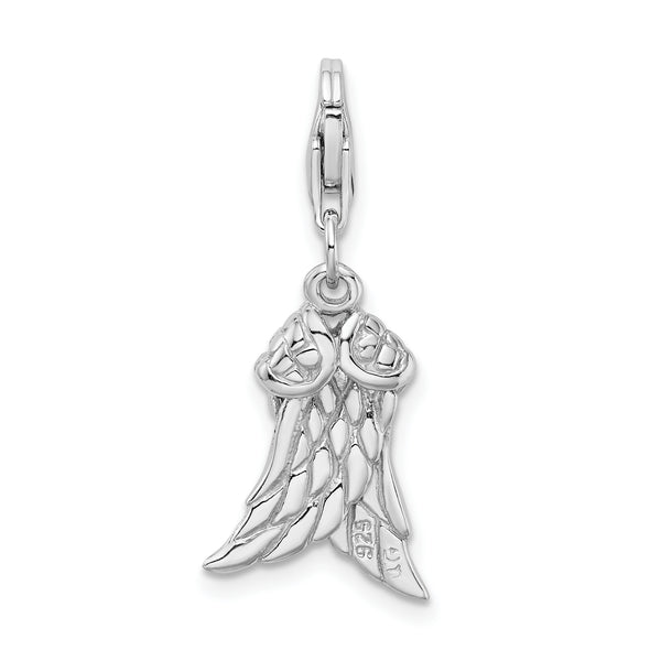 925 Sterling Silver Rhodium-plated 3-D Wings with Lobster Clasp Charm