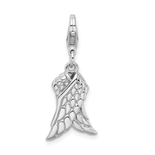 925 Sterling Silver Rhodium-plated 3-D Wings with Lobster Clasp Charm