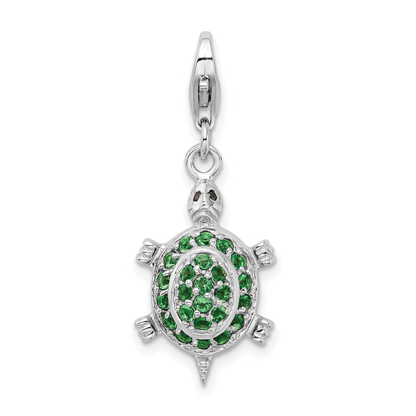 Goldia Sterling Silver Rhodium Plated Synthetic Cz Green Turtle W/Lobster Claw Clasp Charm