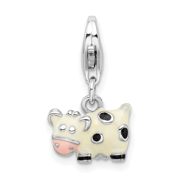 Goldia Sterling Silver Rhodium-Plated Enameled Cow W/Lobster Claw Clasp Charm