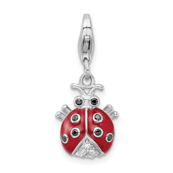 Amore LaVita Sterling Silver CZ Rhodium Plated 3-D Enameled Lady Bug with Lobster Clasp Cha