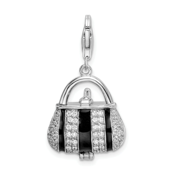 Goldia Sterling Silver Black Enameled Synthetic Cz Handbag W/Lobster Claw Clasp Charm