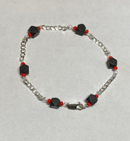 Sterling Silver Genuine Azabache Jet and Coral Curb Link Bracelet