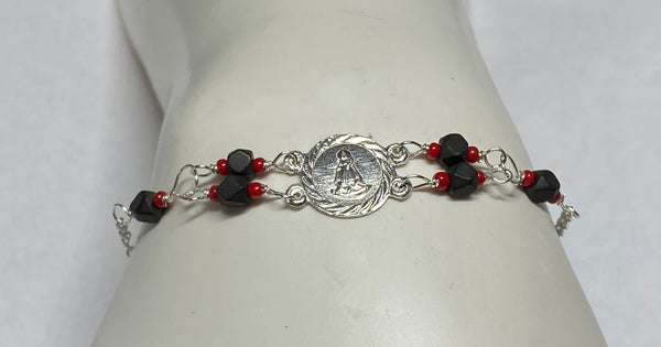 Sterling Silver Genuine Azabache Jet-Coral "Caridad del Cobre" Medal 7" Bracelet