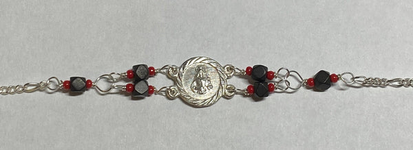 Sterling Silver Genuine Azabache Jet-Coral "Santa Barbara" Medal Bracelet