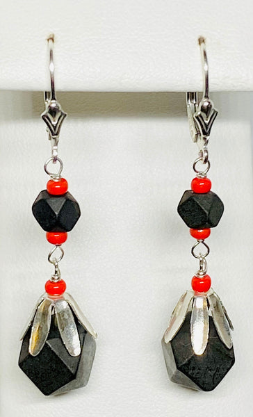 Sterling Silver Genuine Azabache Jet & Coral Leverback Dangle Earrings