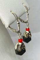 Sterling Silver Genuine 6mm Azabache Jet & Coral Leverback Dangle Earrings