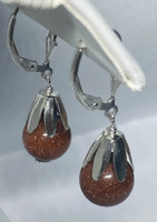 Sterling Silver 10mm Venturina Goldstone Fleur-de-Lis Leverback Dangle Earrings