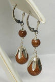 Sterling Silver 10mm & 6mm Venturina Goldstone Fleur-de-Lis Leverback Dangle Earrings