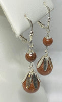 Sterling Silver 10mm & 6mm Venturina Goldstone Fleur-de-Lis Leverback Dangle Earrings