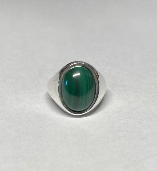 Sterling Silver Genuine Oval Cabochon Malachite 16mm x 12mm Gents Ring