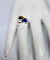 Sterling Silver Genuine Lapis & Tiger Eye 8mm x 6mm Cabochon Bypass Ladies Ring