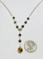 Sterling Silver 18" Curb Chain "Y" Necklace w/ Center Heart and Genuine Tiger Eye Beads