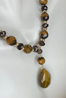 10 Karat Yellow Gold Tiger's Eye and Smoky Quartz & Gold Bead Drop Necklace