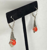 Sterling Silver Simulated Coral Fleur-de-Lis Leverback Dangle Earrings