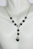 Silver Genuine Azabache Jet Black Heart Accent Figaro 18" Y-Necklace