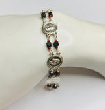 Sterling Silver Genuine Azabache & Coral Catholic Saints 11mm Medals 8" Bracelet