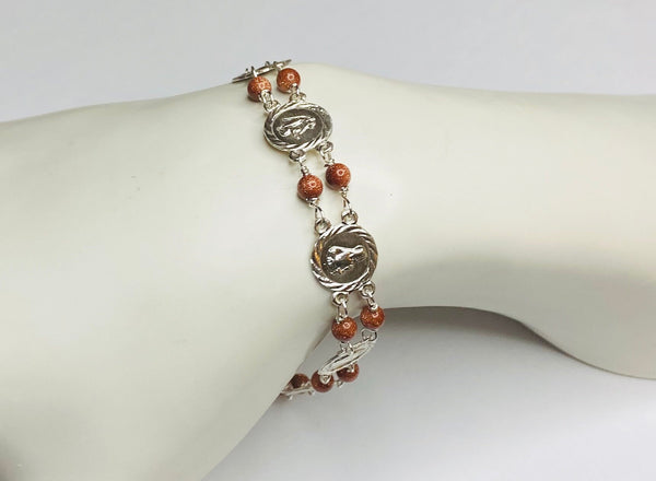 Sterling Silver Goldstone Venturina Catholic Saints 11mm Medals Bracelet