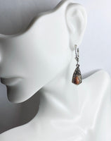 Sterling Silver Pear Goldstone Venturina Fleur-de-Lis Leverback Dangle Earrings