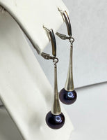 Sterling Silver Genuine 9mm Black Freshwater Pearl Flared Drop Leverback Earrings