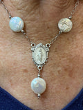 Sterling Silver Freshwater Coin Pearl Rosary Medal Necklace